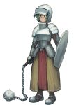  1girl absurdres armor breastplate brown_pants chanta_(ayatakaoisii) closed_mouth faulds flail full_armor full_body gauntlets green_eyes green_hair helmet highres holding holding_shield holding_weapon metal_boots morning_star original pants pelvic_curtain shield short_hair shoulder_armor simple_background skirt solo spaulders standing visor_(armor) weapon white_background yellow_skirt 