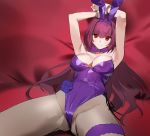  1girl animal_ears arms_up bow bowtie breasts brown_hair bunny_ears cleavage eyebrows_visible_through_hair fate/grand_order fate_(series) flower_ornament hands_above_head legs_apart leotard long_hair lying piercing_bunny playboy_bunny red_eyes satin satin_sheets scathach_(fate)_(all) scathach_(fate/grand_order) smile solo strapless strapless_leotard thigh_strap wrist_cuffs yd_(orange_maru) 