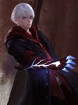  1boy belt_buckle black_shirt blue_coat blue_eyes buckle closed_mouth coat collarbone devil_may_cry devil_may_cry_4 diaodiao glowing highres hood hood_down male_focus nero_(devil_may_cry) open_clothes open_coat shirt sleeves_rolled_up solo sword weapon weapon_on_back white_hair zipper zipper_pull_tab 