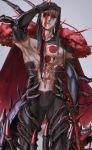  1boy arm_up blood blood_on_face blue_hair bodypaint cape cowboy_shot cu_chulainn_(fate)_(all) cu_chulainn_alter_(fate/grand_order) dark_persona earrings elbow_gloves facepaint fate/grand_order fate_(series) fur gae_bolg gloves grey_background hair_strand highres holding holding_weapon hood hood_up hooded_cape jewelry kuroda_matsurika licking_lips long_hair looking_down male_focus monster_boy muscle nipples pants red_eyes shirtless simple_background solo tongue tongue_out type-moon weapon 