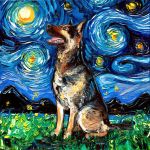  1:1 ambiguous_gender canid canine canis domestic_dog feral german_shepherd grass herding_dog inspired_by_proper_art mammal night oil_painting_(artwork) outside painting_(artwork) pastoral_dog sagittariusgallery solo star traditional_media_(artwork) 
