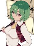  1girl ascot breasts closed_mouth commentary_request eyebrows_visible_through_hair green_hair highres holding holding_umbrella kazami_yuuka long_sleeves looking_at_viewer marsen medium_breasts open_clothes open_vest plaid plaid_vest red_eyes red_vest shirt short_hair simple_background solo touhou umbrella upper_body v-shaped_eyebrows vest white_background white_shirt yellow_neckwear 