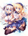  2girls :d animal_ears bangs bare_arms bare_shoulders bear_ears beret black_legwear blonde_hair blue_eyes blue_ribbon blue_skirt breasts cleavage commentary_request eyebrows_visible_through_hair gloves hair_between_eyes hair_ornament hair_ribbon hairclip hat highres holding_hands large_breasts long_hair looking_at_viewer multiple_girls navel open_mouth original purple_eyes ribbon sasai_saji shirt signature skirt sleeveless sleeveless_shirt small_breasts smile thighhighs twintails very_long_hair white_gloves white_hair white_shirt x_hair_ornament zettai_ryouiki 