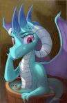  anthro auroriia bath bathtub better_version_at_source blue_body blue_scales bucket curved_horn dragon eyelashes fangs female friendship_is_magic hasbro hi_res horn my_little_pony princess_ember_(mlp) red_eyes rubber_duck scales solo spikes water wings 