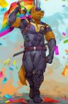  2019 anthro armwear belt biceps blue_hair boots canid canine canis clothing elbow_gloves fingerless_gloves flag footwear gloves hair handwear hi_res holding_melee_weapon holding_object holding_weapon lgbt_history_month lgbt_pride male mammal melee_weapon muscular muscular_anthro muscular_male mystikfox61 nazi_flag pride_colors rainbow_flag rainbow_pride_flag rainbow_symbol solo suit walking weapon wolf 
