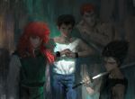  4boys black_hair blood blood_on_face brown_coat brown_eyes closed_mouth coat collarbone denim diaodiao hair_slicked_back headband hiei_(yuu_yuu_hakusho) holding holding_sword holding_weapon jeans katana kurama kuwabara_kazuma looking_at_viewer male_focus medium_hair multiple_boys over_shoulder pants red_hair smile spiked_hair standing sword sword_over_shoulder torn torn_clothes urameshi_yuusuke weapon weapon_over_shoulder white_headband wristband yuu_yuu_hakusho 