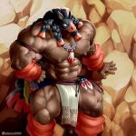  1:1 abs anthro arm_warmers armwear black_hair braided_hair brown_body brown_skin clothed clothing hair hi_res jewelry kuroma legwear loincloth male mudsdale muscular muscular_anthro muscular_male muscular_thighs native_american necklace nintendo nipples pecs pok&eacute;mon pok&eacute;mon_(species) rock solo topless topless_male video_games 