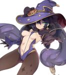  1girl aqua_eyes black_hair breasts cape diamond_(symbol) genshin_impact gloves hat hat_ornament highres long_hair mage medium_breasts mona_(genshin_impact) navel pantyhose purple_cape purple_swimsuit shiny shiny_hair shiny_skin simple_background slingshot_swimsuit slugbox solo standing swimsuit thighlet twintails white_background witch_hat wizard_hat 