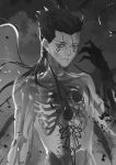  1boy amberely bodypaint bone claws closed_mouth cu_chulainn_(fate)_(all) cu_chulainn_alter_(fate/grand_order) dark_persona facepaint fate/grand_order fate_(series) floating_hair long_hair male_focus monochrome monster_boy ribs semi-transparent shirtless skeleton sky solo spiked_hair type-moon 