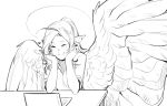  1girl ^_^ ahoge closed_eyes elbow_rest greyscale haohi_(less) happy heart large_wings less monochrome notebook original pointy_ears sketch smile solo table wings 