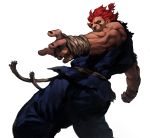  1boy bare_shoulders belt black_nails clenched_hand closed_mouth dark_skin dark_skinned_male diaodiao fingernails gouki highres looking_at_viewer male_focus muscle ponytail red_eyes red_hair rope rope_belt simple_background solo street_fighter torn torn_clothes white_background 