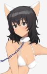  1girl andou_(girls_und_panzer) animal_ears bangs black_eyes black_hair bra breasts cleavage close-up collarbone eyebrows_behind_hair fur_collar girls_und_panzer grey_background hair_between_eyes light_blush looking_to_the_side small_breasts solo tan3charge underwear white_bra 
