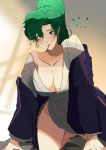  1girl absurdres blue_coat blush breasts cleavage coat earrings fire_emblem fire_emblem:_the_blazing_blade food green_eyes green_hair highres jewelry kneeling looking_at_viewer looking_down lyn_(fire_emblem) ormille pocky smile thighs 