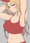 1girl armpits arms_up bangs blonde_hair breasts cleavage collarbone crop_top grey_background hands_in_hair highres horns hoshiguma_yuugi large_breasts long_hair looking_at_viewer marsen navel oni parted_bangs parted_lips pointy_ears red_eyes simple_background single_horn solo standing tank_top touhou upper_body v-shaped_eyebrows 