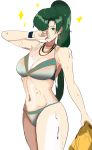  1girl absurdres bikini breasts cleavage earrings fire_emblem fire_emblem:_the_blazing_blade green_eyes green_hair hand_on_own_face highres jewelry looking_at_viewer lyn_(fire_emblem) navel necklace ormille smile swimsuit wet wristband 