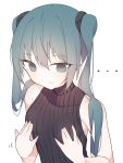  ... 1girl aqua_eyes aqua_hair bare_shoulders black_sweater breast_conscious breasts collarbone commentary empty_eyes giryu hands_on_own_breasts hatsune_miku long_hair ribbed_sweater sleeveless_sweater small_breasts solo sweater turtleneck turtleneck_sweater twintails upper_body vocaloid white_background 