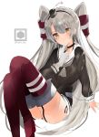  1girl absurdres amatsukaze_(kantai_collection) artist_logo black_dress black_panties dress edel_(edelcat) feet_out_of_frame garter_straps gloves grey_neckwear hair_tubes hat highres kantai_collection lifebuoy_ornament long_hair looking_at_viewer mini_hat panties red_legwear sailor_dress short_dress silver_hair simple_background single_glove smokestack_hair_ornament solo striped striped_legwear thighhighs two_side_up underwear white_background white_gloves windsock 