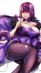  1girl bangs bare_shoulders blush breasts cleavage dress fate/grand_order fate_(series) food fur-trimmed_dress fur_trim hair_between_eyes highres large_breasts long_hair looking_at_viewer pantyhose popsicle purple_dress purple_hair red_eyes scathach_(fate)_(all) scathach_skadi_(fate/grand_order) shimeno_puni simple_background smile thighs tiara tongue tongue_out white_background 