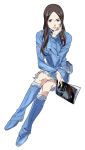  blue_dress blue_eyes blue_footwear boots brown_hair crossed_legs denim denim_dress dress full_body hand_on_own_chin hand_on_own_face hayasaka_chiaki highres long_hair magazine open_magazine setsuaki_(setsuakiishsh) shin_megami_tensei_iii:_nocturne sitting skirt skull solo torn_clothes torn_skirt 