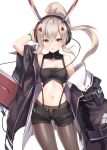  1girl :o adjusting_headphones ayanami_(azur_lane) ayanami_(rock&#039;n_kijin)_(azur_lane) azur_lane bandeau bangs bare_shoulders black_bandeau black_jacket black_legwear black_shorts blush breasts cable cleavage collarbone commentary_request cowboy_shot eyebrows_visible_through_hair hair_between_eyes hair_ornament headgear headphones high_ponytail highres jacket legwear_under_shorts long_hair looking_at_viewer medium_breasts midriff navel off-shoulder_jacket open_clothes open_fly open_jacket orange_eyes pantyhose ponytail shimotsuki_shio short_shorts shorts sidelocks silver_hair simple_background solo standing suspender_shorts suspenders sword very_long_hair weapon white_background wristband 