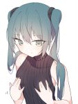  1girl aqua_eyes aqua_hair bare_shoulders black_sweater breasts collarbone commentary giryu hands_on_own_breasts hatsune_miku long_hair ribbed_sweater sleeveless_sweater small_breasts solo sweater turtleneck turtleneck_sweater twintails upper_body vocaloid white_background 