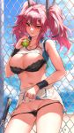  1girl azur_lane ball bangs bare_shoulders black_bra black_panties blue_sky blush bra breasts bremerton_(azur_lane) bremerton_(scorching-hot_training)_(azur_lane) chain-link_fence choukoukou_no_diaosi cleavage collarbone fence hair_ornament hairclip heart heart_necklace highres large_breasts licking_lips long_hair looking_at_viewer mole mole_under_eye navel panties pink_eyes pink_hair pubic_hair racket sidelocks sky smile sportswear tennis_ball tennis_racket tennis_uniform thighs tongue tongue_out twintails two-tone_shirt underwear 