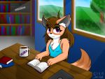  2018 4:3 5_fingers anthro beverage black_nose book breasts brown_hair canid canine chair chest_tuft clothing cup digital_media_(artwork) english_text female fennec fingers fox fur furniture hair inside jknewlife library lock_box mammal mira_fanack multicolored_body plant purple_eyes shrub sitting smile solo table tan_body text tree tuft two_tone_body white_body window 