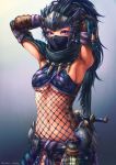  1girl absurdres armor armpits arms_behind_head arms_up black_hair blue_hair breasts covered_mouth dagger eyelashes fishnet_top fishnets forehead_protector green_hair highres huge_filesize lantern long_hair looking_at_viewer mask medium_breasts monster_hunter mouth_mask multicolored_hair nargacuga_(armor) navel red_eyes scarf solo standing underboob weapon yusaku_jacksana 