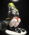  1girl a-87_banshee ass boots bound bound_wrists breasts chronodash full_body green_hair hair_between_eyes highres huge_breasts kneeling last_origin light_green_hair looking_at_viewer looking_back open_mouth panties red_eyes solo thigh_boots thighhighs underwear 