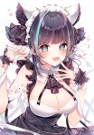  1girl animal_ears aqua_eyes aqua_hair azur_lane breasts cheshire_(azur_lane) cleavage detached_sleeves fake_animal_ears frilled_hairband frilled_headband frilled_ribbon frills hairband heart highres large_breasts long_ribbon maid maid_headdress multicolored_hair open_mouth puffy_detached_sleeves puffy_sleeves purple_apron purple_hair ribbon short_hair simple_background solo streaked_hair taya_5323203 wrist_cuffs 