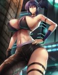  1girl absurdres arm_strap asymmetrical_legwear ayane_(doa) bangs black_choker black_gloves breasts choker city covered_nipples dead_or_alive eyebrows_visible_through_hair from_below gloves haganef hand_on_hip highres large_breasts looking_down navel parted_lips purple_hair red_eyes single_glove solo thigh_strap toned underboob 