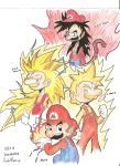  1boy aura black_eyes black_hair blonde_hair brown_hair clenched_hand commentary dragon_ball dragon_ball_gt dragon_ball_z english_commentary facial_hair fire gloves hand_up long_hair long_sleeves looking_at_viewer male_focus mario mario_(series) masterdm90 monkey_tail multiple_views mustache orange_shirt overalls red_headwear red_shirt shirt short_hair super_saiyan super_saiyan_3 super_saiyan_4 tail white_background white_gloves yellow_eyes 