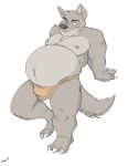  2020 absurd_res anthro arm_support belly big_belly bulge canid canine canis canson claws clothed clothing fangs fur grey_body grey_fur hi_res leaning leaning_back male mammal musclegut muscular muscular_anthro muscular_male navel nipple_piercing nipples overweight overweight_anthro overweight_male piercing plantigrade simple_background solo topless underwear white_background wolf 