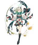  1girl :o book boots cross-laced_footwear full_body green_hair horns japanese_clothes ji_no kimono leaf little_match_girl_(sinoalice) looking_at_viewer maple_leaf official_art platform_footwear red_eyes sash scarf short_kimono single_horn sinoalice solo thigh_strap transparent_background wide_sleeves 