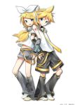  1boy 1girl arm_warmers bangs bare_shoulders bass_clef belt black_collar black_shorts blonde_hair blue_eyes bow collar commentary crop_top dated derivative_work foot_up grey_collar grey_legwear grey_shorts grey_sleeves hair_bow hair_ornament hairclip headphones headset kagamine_len kagamine_rin leg_warmers locked_arms looking_at_viewer midriff nail_polish neckerchief necktie open_mouth sailor_collar school_uniform shirt short_hair short_ponytail short_shorts short_sleeves shorts shoulder_tattoo signature sleeveless sleeveless_shirt sleeves_past_wrists smile spiked_hair standing sudachi_(calendar) swept_bangs tattoo treble_clef vocaloid vocaloid_boxart_pose white_background white_bow white_footwear white_shirt yellow_nails yellow_neckwear 