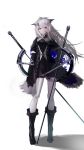  1girl animal_ear_fluff animal_ears arknights bare_legs black_coat black_jacket black_nails black_shorts blood blood_on_face boots coat green_eyes grey_eyes hair_ornament hairclip highres holding holding_sword holding_weapon jacket lappland_(arknights) lappland_(elegant_omen)_(arknights) long_hair mackia planted_sword planted_weapon scar scar_across_eye shorts silver_hair strapless sword tail tubetop weapon wolf_ears wolf_tail 