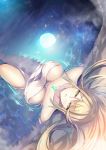  1girl bangs bare_shoulders bath bathing blonde_hair blush breasts chest_jewel collarbone earrings full_moon hinot jewelry large_breasts long_hair looking_at_viewer looking_up moon mythra_(xenoblade) naked_towel night night_sky onsen parted_lips reflection rock sidelocks sky solo swept_bangs thighs towel water wet xenoblade_chronicles_(series) xenoblade_chronicles_2 yellow_eyes 