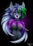  2019 anthro breasts canid canine canis collar ear_piercing eyeshadow female five_nights_at_freddy&#039;s five_nights_at_freddy&#039;s:_security_breach green_hair hair head_markings hi_res inner_ear_fluff lipstick long_hair looking_at_viewer makeup mammal markings mikuah piercing roxanne_wolf_(fnaf) smile spiked_collar spikes tuft video_games white_hair wolf yellow_eyes 