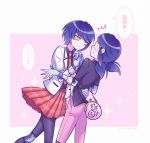  2girls arm_around_waist bag black_hair blue_eyes blue_hair blush gloves greenriverknight hand_on_another&#039;s_back handbag holding_hands kagami_tsurugi marinette_dupain-cheng medium_hair miraculous_ladybug multiple_girls necktie open_mouth short_hair skirt smile twintails yellow_eyes yuri 