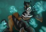  2020 4_toes 5_fingers anthro black_hair canid canine canis digital_media_(artwork) fingers green_eyes hair inkmaven male mammal open_mouth smile solo teeth toes tongue wolf 