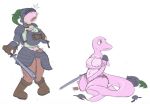  2016 anthro armor boots breasts cetacean clothing delphinoid female footwear gloves green_eyes growth handwear headgear helmet human human_to_anthro kneeling mammal marine melee_weapon nipples nude open_mouth pauldron pink_body run_rabbit_bounce simple_background solo species_transformation standing sword tail_growth toothed_whale torn_clothing transformation weapon white_background 