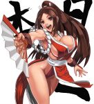  1girl armpits breasts brown_hair doburokumaru9 fan fatal_fury folding_fan highres large_breasts long_hair open_mouth ponytail revealing_clothes shiranui_mai solo 