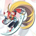  1boy android blonde_hair capcom energy_sword green_eyes helmet highres holding holding_weapon iroyopon long_hair male_focus rockman rockman_x solo sword weapon white_background zero_(rockman) zoom_layer 