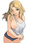  1girl alternate_costume blonde_hair blue_eyes breasts girls_und_panzer grey_tank_top groin hair_intakes highres kay_(girls_und_panzer) large_breasts leaning_forward long_hair looking_at_viewer no_pants one_breast_out one_eye_closed onsen_tamago_(hs_egg) self_exposure smile solo tank_top 