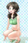  1girl :d abimaru_gup bangs bikini blue_background breasts brown_hair checkered checkered_background extra eyebrows_visible_through_hair full_body girls_und_panzer green_bikini green_eyes green_footwear hair_over_shoulder hair_tie highres itsumi_erika&#039;s_gunner looking_at_viewer low_twintails medium_breasts medium_hair navel open_mouth sandals smile solo squatting swimsuit twintails 