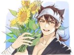  1boy bandana blush brown_hair flower japanese_clothes leaf male_focus mutsu-no-kami_yoshiyuki open_mouth seigaiha smile sunflower touken_ranbu upper_body yellow_eyes yway1101 