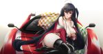  1girl absurdres ahoge arturaxia ass azur_lane between_legs bikini black_bikini black_hair black_legwear breasts car car_hood checkered_cloth choker deep_skin eyewear_on_head grabbing_own_breast gradient gradient_background ground_vehicle hand_between_legs highres huge_ass huge_breasts huge_filesize jacket lipstick long_hair looking_at_viewer makeup motor_vehicle no_shoes off-shoulder_jacket on_hood one_side_up parted_lips race_queen racecar red_eyes red_jacket red_vehicle side_mirror sitting solo sports_car sunglasses swimsuit taihou_(azur_lane) thighhighs thighs tsurime vehicle_request very_long_hair yokozuwari 