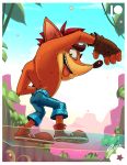  2020 4_fingers activision anthro bandicoot bottomwear brown_eyebrows bulge butt clothed clothing crash_bandicoot crash_bandicoot_(series) digitslayer eyebrows fingerless_gloves fingers footwear fur gloves hair handwear male mammal marsupial open_mouth pants shoes solo standing teeth tongue tongue_out topless video_games 