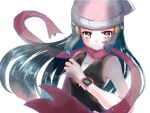  1girl bare_shoulders beanie black_hair blurry blush breasts closed_mouth dawn_(pokemon) depth_of_field frown grey_eyes hat holding holding_poke_ball light_particles long_hair looking_at_viewer poke_ball pokedex pokemon pokemon_(game) pokemon_dppt red_scarf rock_mani scarf sidelocks simple_background sleeveless small_breasts solo upper_body v-shaped_eyebrows very_long_hair white_background white_headwear 