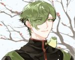  1boy animal_on_shoulder bird bird_on_shoulder branch eyes_visible_through_hair green_eyes green_hair hair_over_one_eye male_focus smile snow snowing touken_ranbu uguisumaru upper_body yway1101 